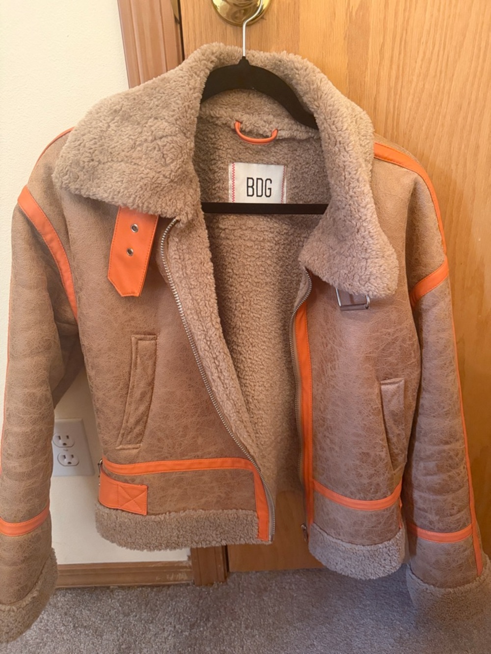 BDG women’s Tan Jacket with Orange Trim - Sherpa Lined Puffer